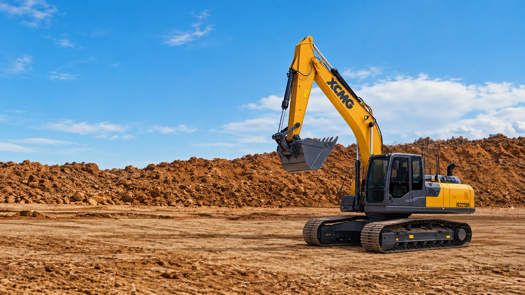 XE225BR XCMG em cenário de obra — composição ilustrativa